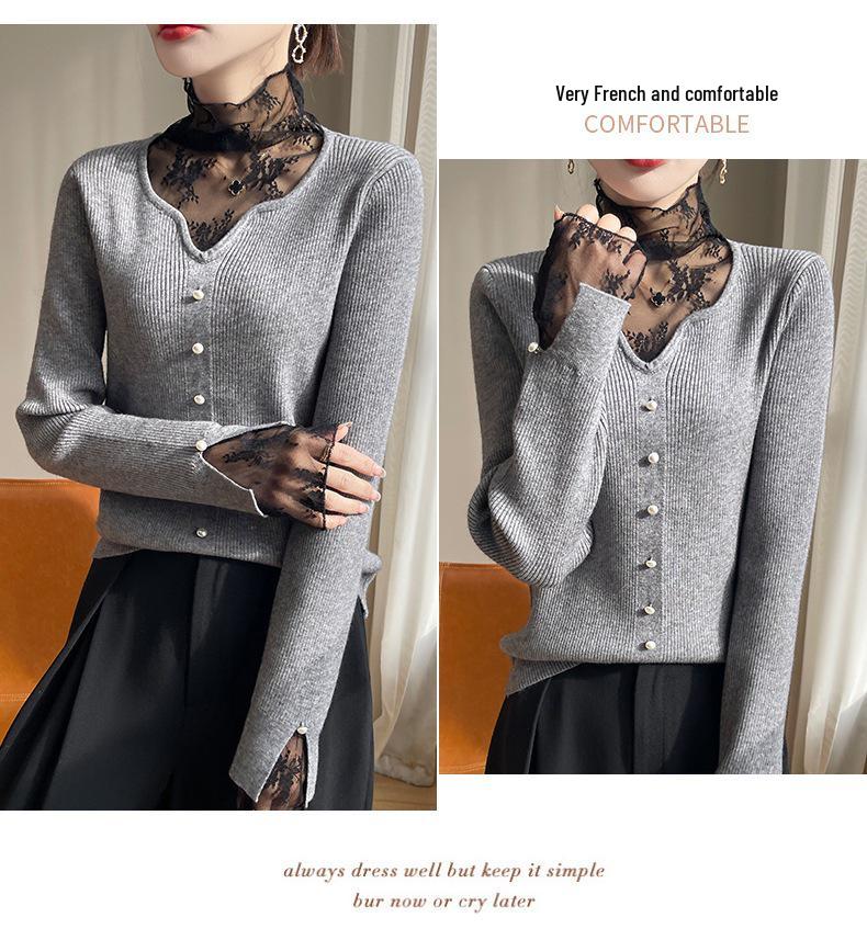 Women's Lace Patchwork Turtleneck Sweater - European & American Style for Spring/Autumn