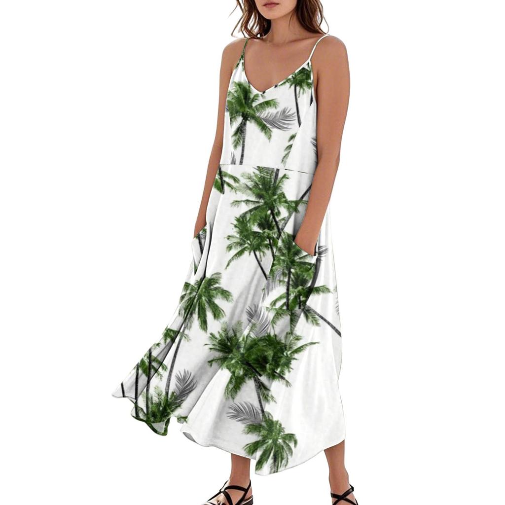 Women's Casual V Neck Hawaiian Print Sleeveless Pocket Suspender Dress