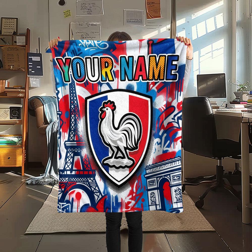 Custom Name,France National Football Team Printed Flannel Blanket, Soft Throw for Bedroom Sofa, Washable, Christmas Present, Great Gift.