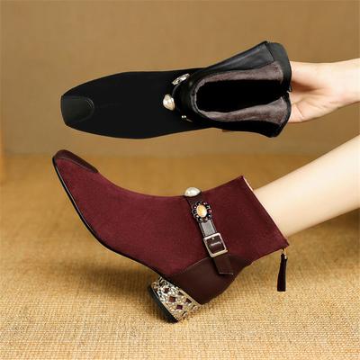 Fashion New Autumn/winter Sheep Suede Women Boot Square Toe Shoes for Women Fashion Boots Buckle Mid Heels Short Boots Zip Black Boots