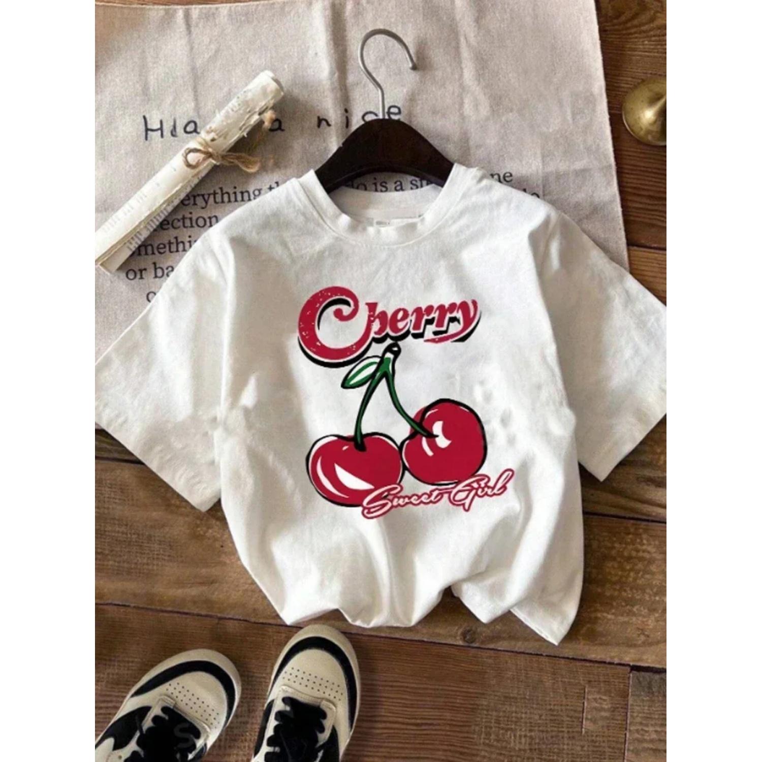 

Нова жіноча біла футболка з круглим вирізом і коротким рукавом 2024 року, повсякденна футболка з вишневим принтом, підходить для літа XXXXXL білий