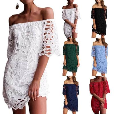 Vestido Sexy de Encaje de Hombros Descubiertos para Mujer Moda Manga Corta Nuevo Casual Vestido Corto Mujer Tallas Grandes Elegante Holgado Vestidos Calados
