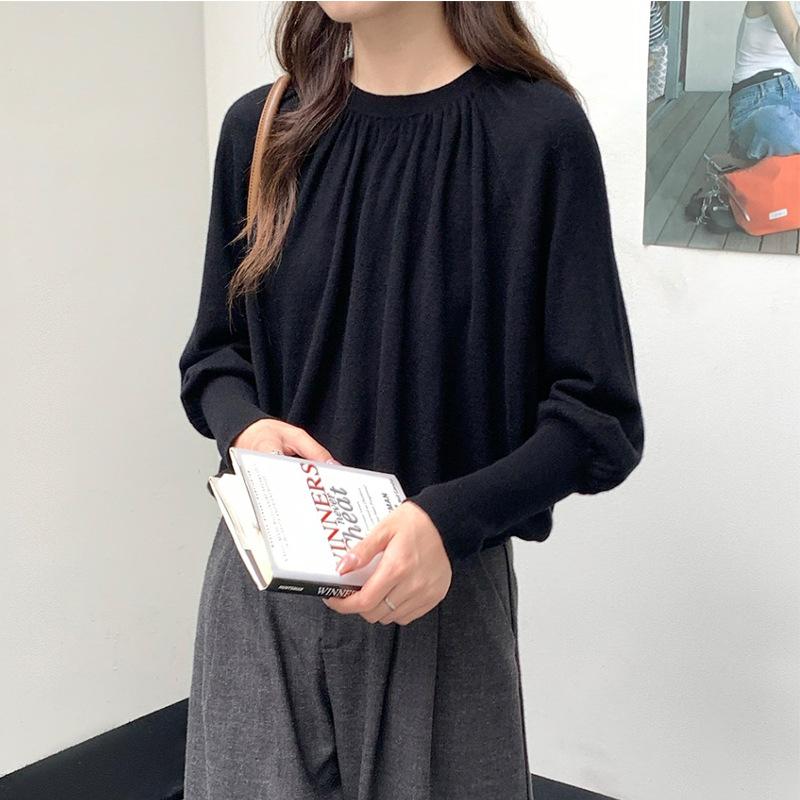 Merino Quan Wool Pleated Design Crew Neck Bat Sleeve Knitted Sweater Women's Simple Temperament Pullover with Bottoming Shirt