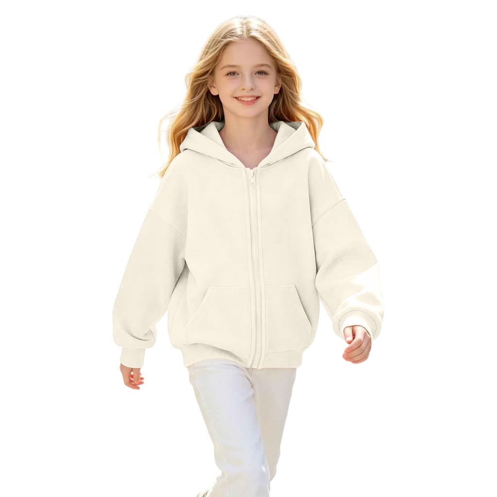 Big Girls' Fashion Color Long Sleeve Hooded Pullover Sweatshirt with Zipper