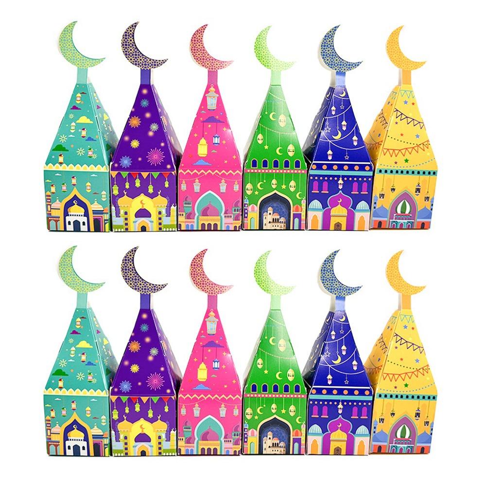 

12Pcs Moon Castle Pattern Eid Mubarak Gift Box Favor Bags Moon Lantern Box Muslim Festival Style C