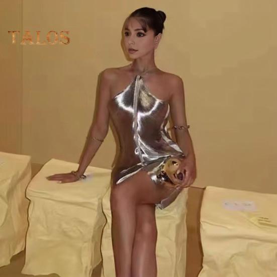 Women Party Dress Glossy Tassel Halter Neck Backless Sleeveless Split Hem Solid Color Slim Fit Off Shoulder Club Party Banquet Mini Dress