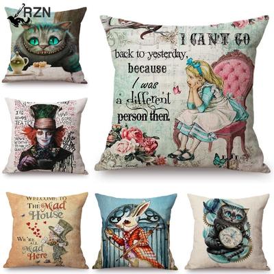 Alice In Wonderland Cushion Cover Cute Rabbit Cat Printed Sofa Throw Pillow Vintage Home Decorative Pillow Case