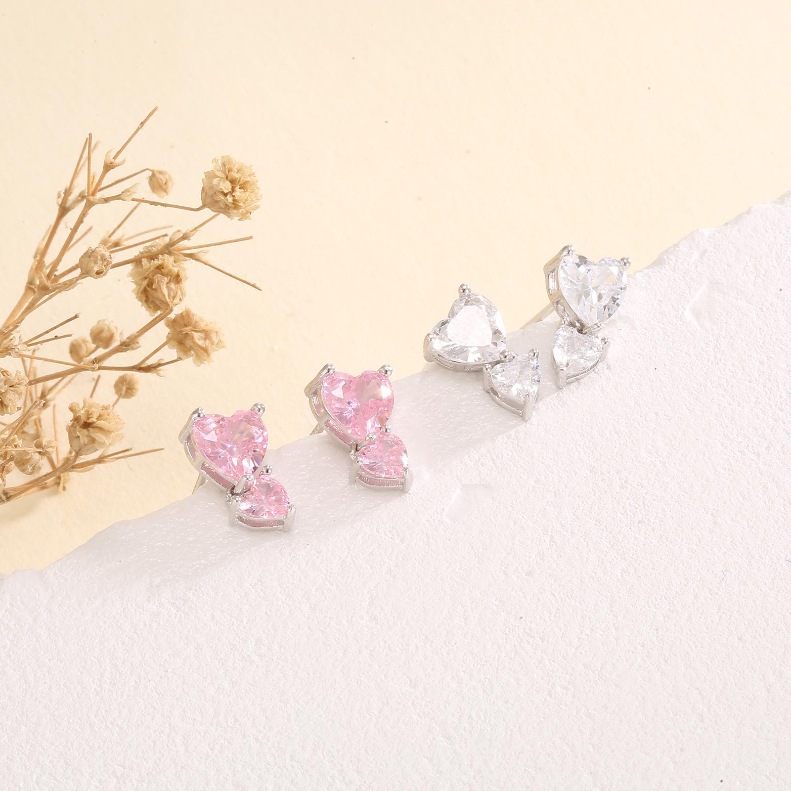 Beixi S925 Sterling Silver Pink Zirconia Stud Earrings - Light Luxury Sweetheart Design 925 Sterling Silver