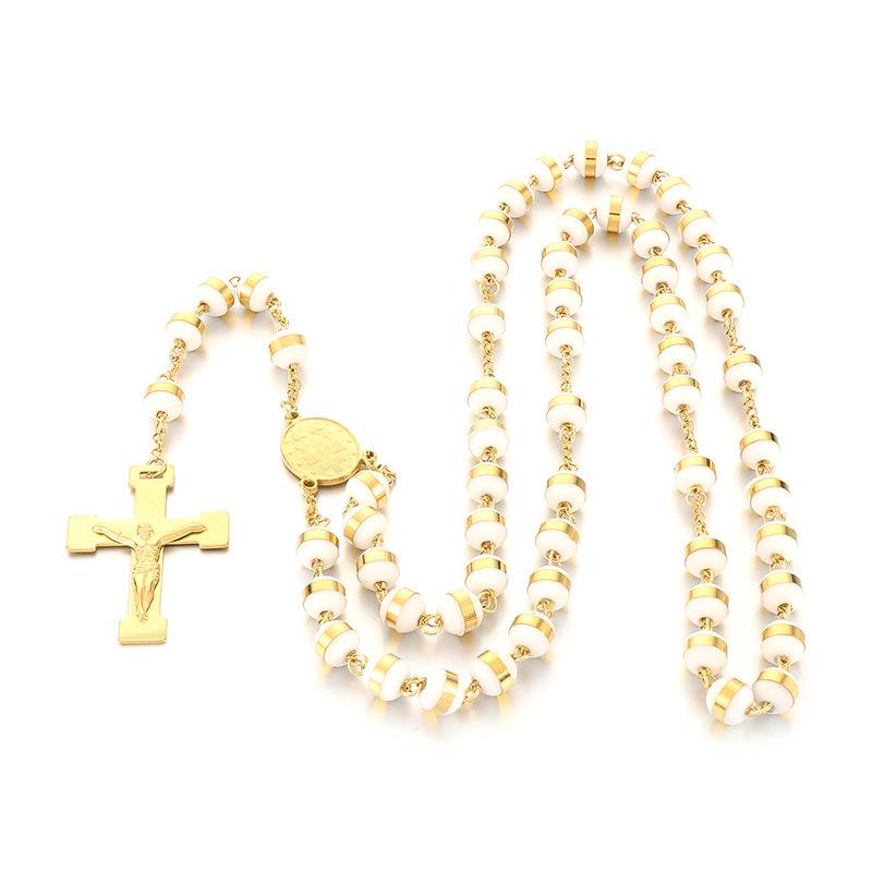18K Gold Cross Prayer Beads Necklace for Women - Stainless Steel, 8mm, Trendy European-American Style