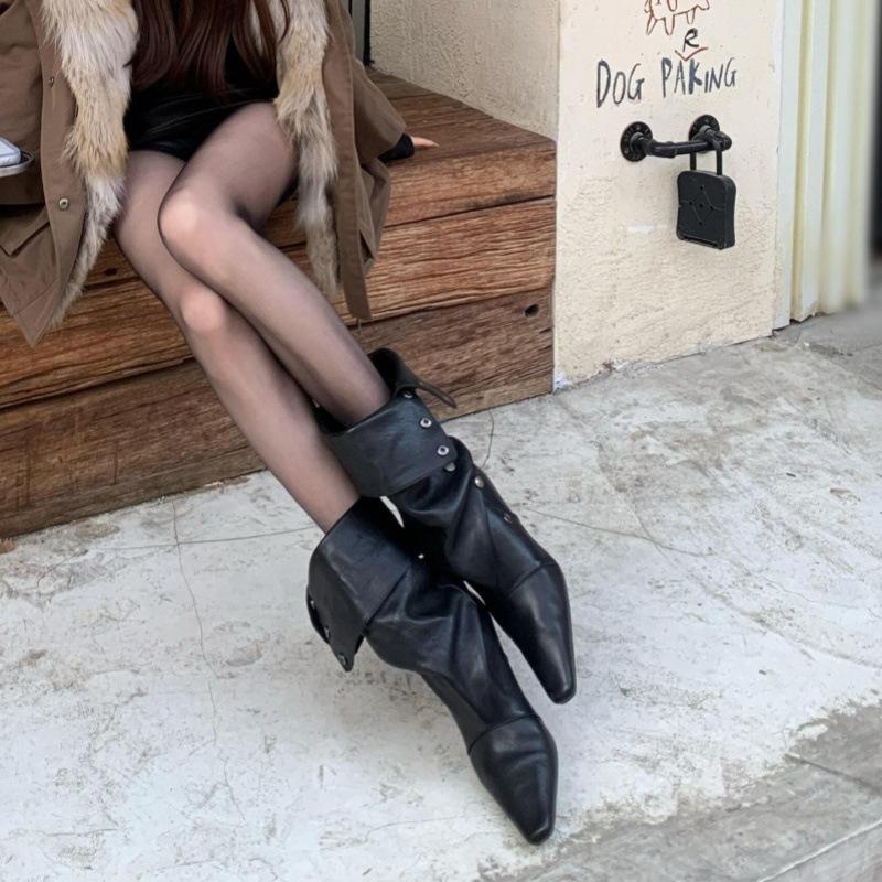 Black niche two wear pointed high-heeled boots, thin heel piled boots, western cowboy boots, knight boots look thin