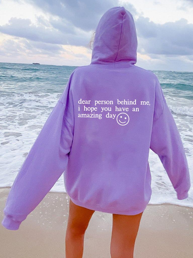 Women's Sweater Plain Letter Print Kangaroo Pocket Drawstring Print Hoodie