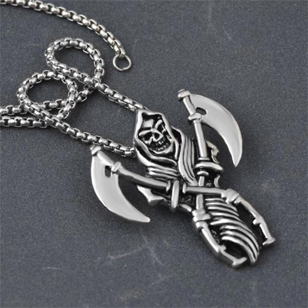 Collar Colgante de Acero Inoxidable de Santa Muerte con Dos Guadañas Hacha Nuestra Señora de la Santa Muerte Calavera Mexicana de la Parca Joyería