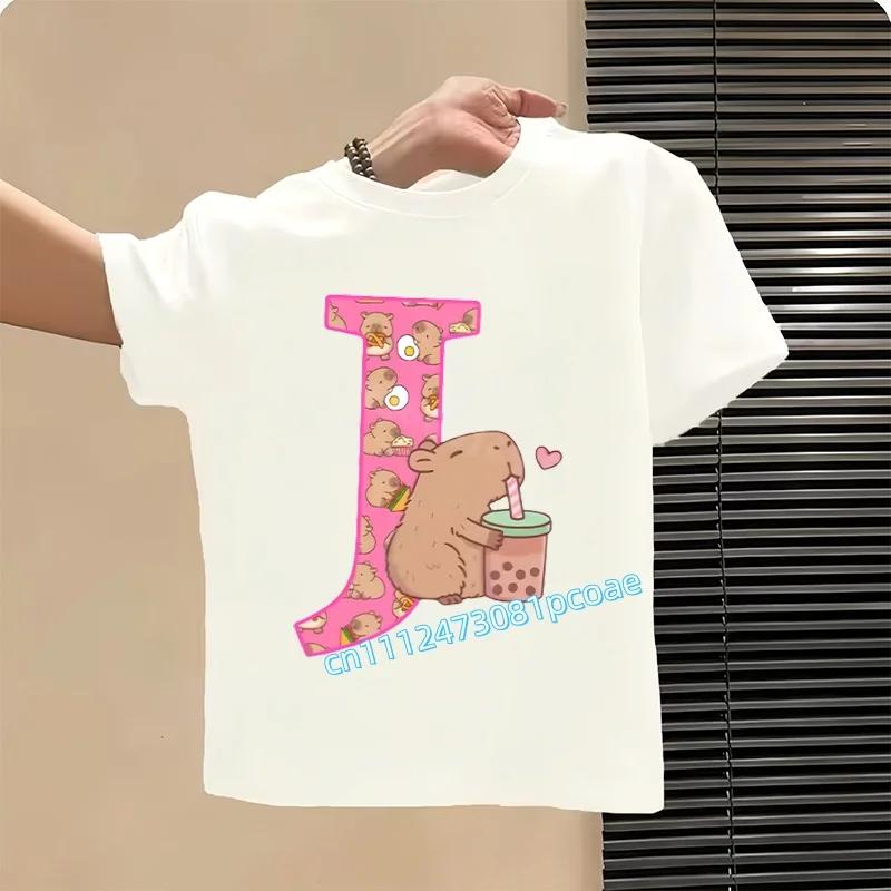 Capibara Cute T-shirt Kids Anime Capybara Letter A-Z Tees Girls Summer Short Sleeve Polyester Tops Children Clothes Gift Hot Sales
