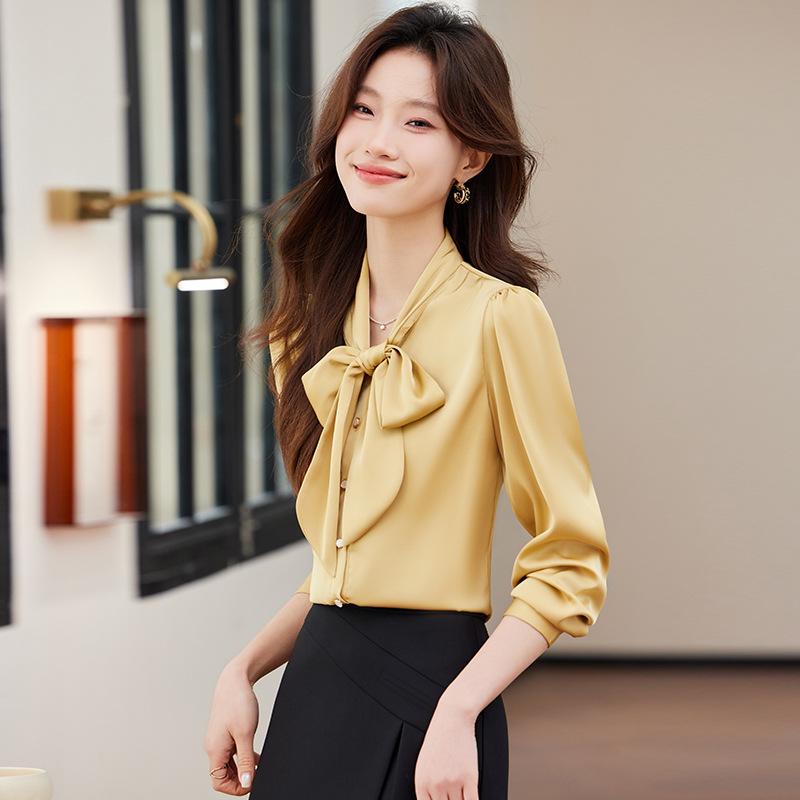 Women's Chiffon Bow Tie Blouse - Long Sleeve Satin Shirt for Spring/Autumn