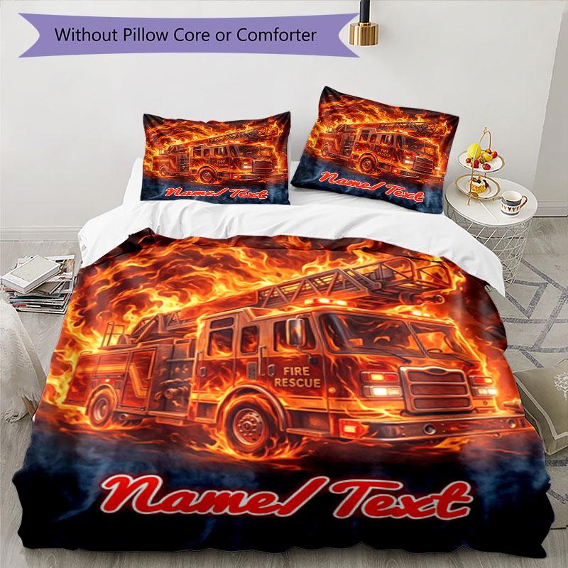 3PC Custom Name Fire Truck Flames Art Bedding Set Duvet Cover Closure Includes 1 Duvet Cover & 2 Pillowcases for Bedroom