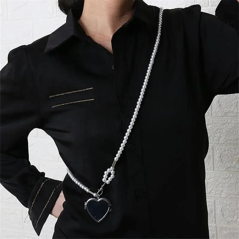 New Fashion Long Necklace With Big Mirror Heart Pendant Women Pearl Shoudler Chain Personality Jewelry Wedding Party Accessories