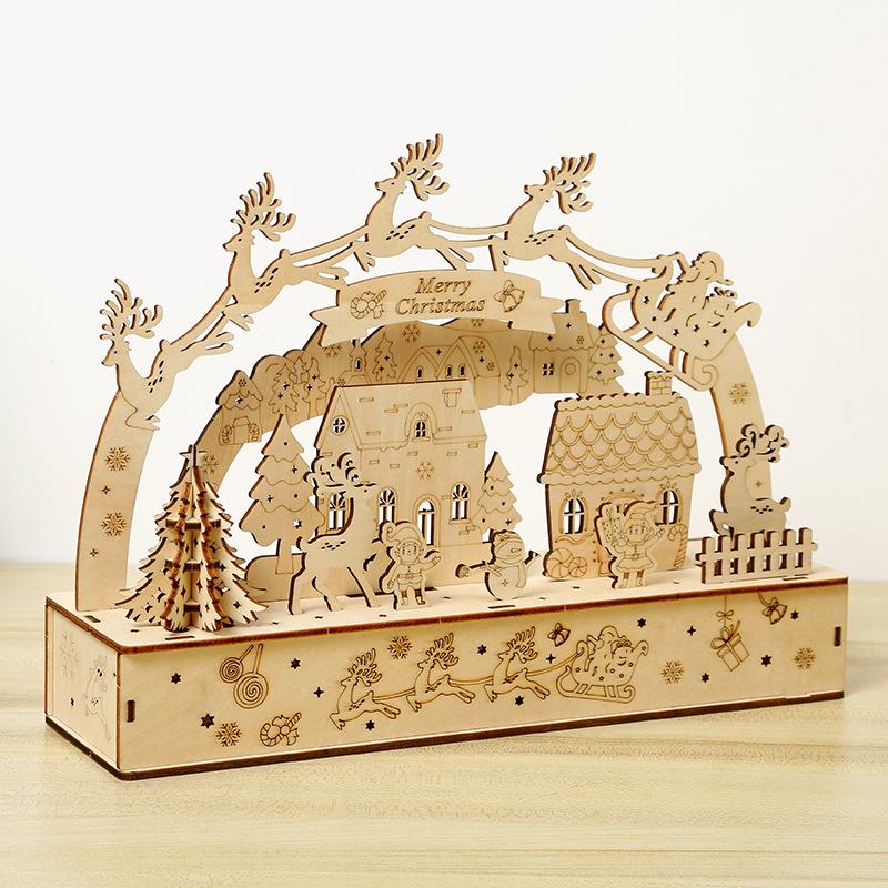 3D dřevěné puzzle se světlými vánočními stavebnicemi Řemeslné puzzle hračky Dřevěné domácí dekorace Vánoční dárky pro děti