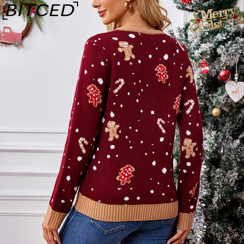 BITCED Casual Christmas Sweater for Women Autumn/Winter Long-Sleeved Pullover with Gingerbread Man Pattern