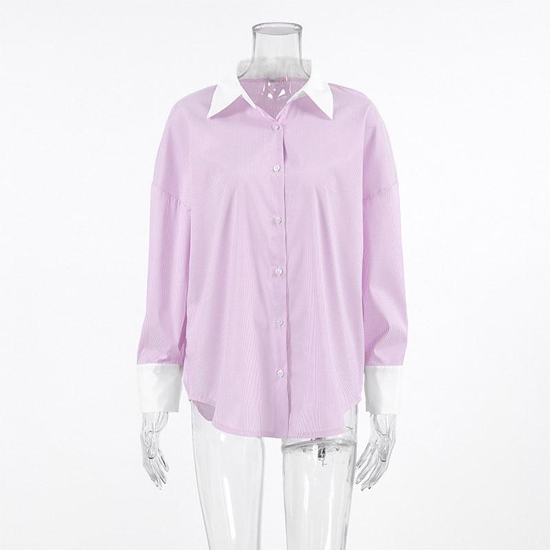 Casual Vintage Striped Long Sleeve ShirtsWomen Loose Lapel Single Breasted Oversize Blouse Fashion Versatile Daily Tops