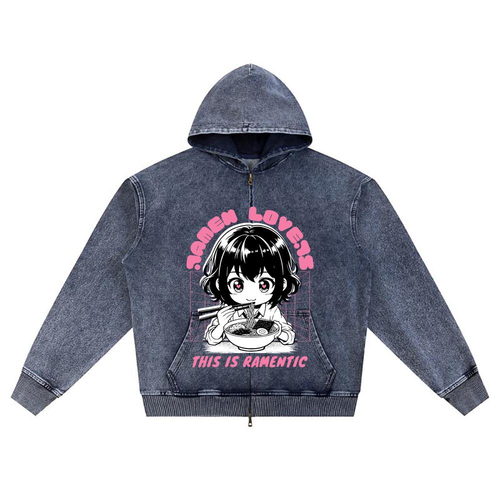 

DTG print Knitted Denim Zip-Up Hoodie Anime girl ramen lovers Brother Print Zipper Hoodies XL