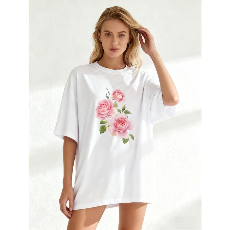 Oversized T-Shirt Black Rose Floral Print Casual Wear