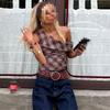Red and white checkered slanted shoulder short retro spicy girl style one line off shoulder slim fit T-shirt
