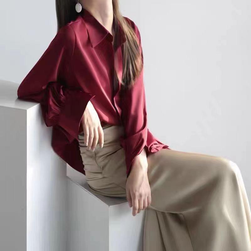 Women's Retro Hong Kong Style Satin Shirt - Versatile Long Sleeve for Spring & Autumn (2023)