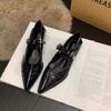 Fashion Spring New Single-shoe Women's Pointed Head Shallow Mouth Metal Buckle A Line with Anti-slip Wear-resistant Thick Heel Shoes