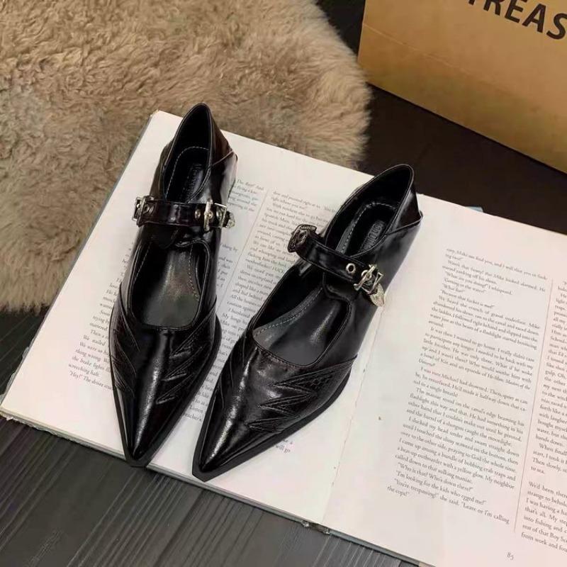 Fashion Spring New Single-shoe Women's Pointed Head Shallow Mouth Metal Buckle A Line with Anti-slip Wear-resistant Thick Heel Shoes