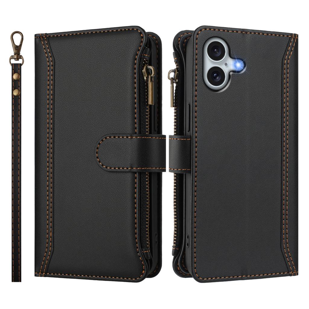For iPhone 16 Plus Leather Case 9 Card Slots Zipper Wallet Stand Phone Cover with Wrist Strap