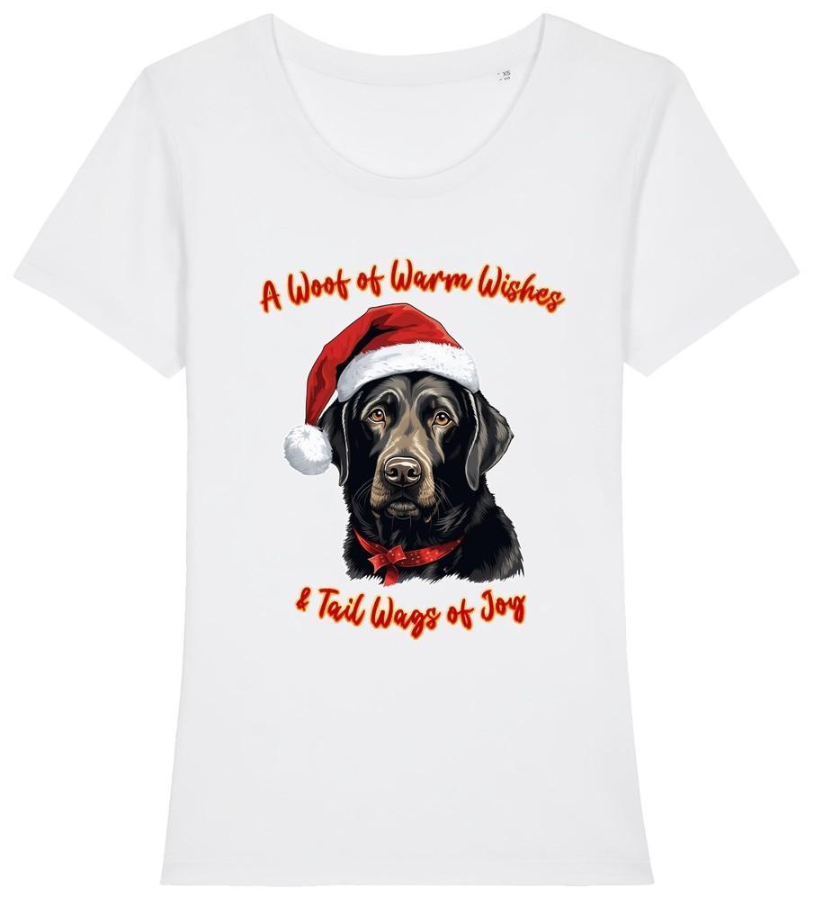 

Womens Black Labrador Christmas T-Shirt Santa Hat Dog Woof Wishes Gift Funny Pet L