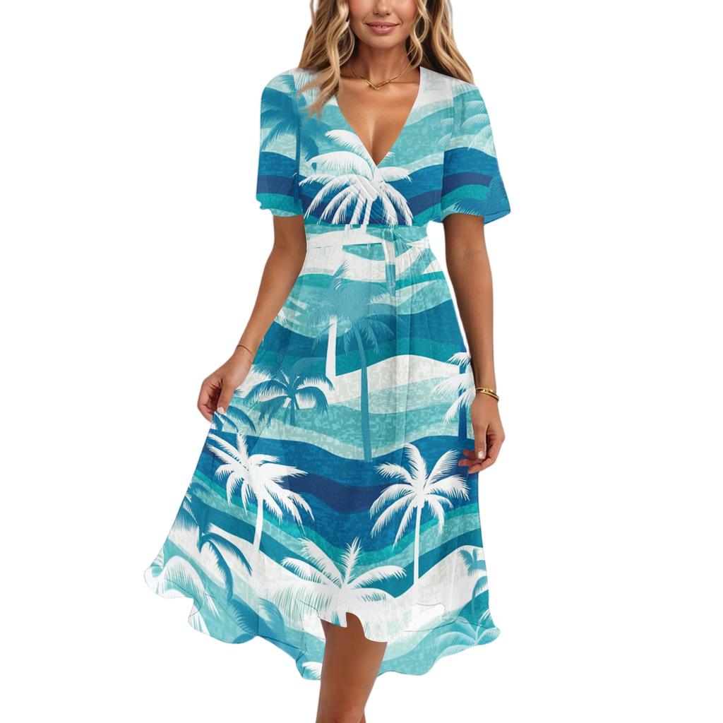 Women's Fashion Casual V Neck Short Sleeve Ruffled Vintage Printed Dresses