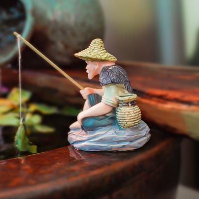 Balık Tankı Oturan Balıkçı Heykeli Kumtaşı Balıkçı Heykeli Minyatür Manzara Vintage Zen Dekorasyonu Balık Tankı Saksı Bahçe Ev Akvaryum