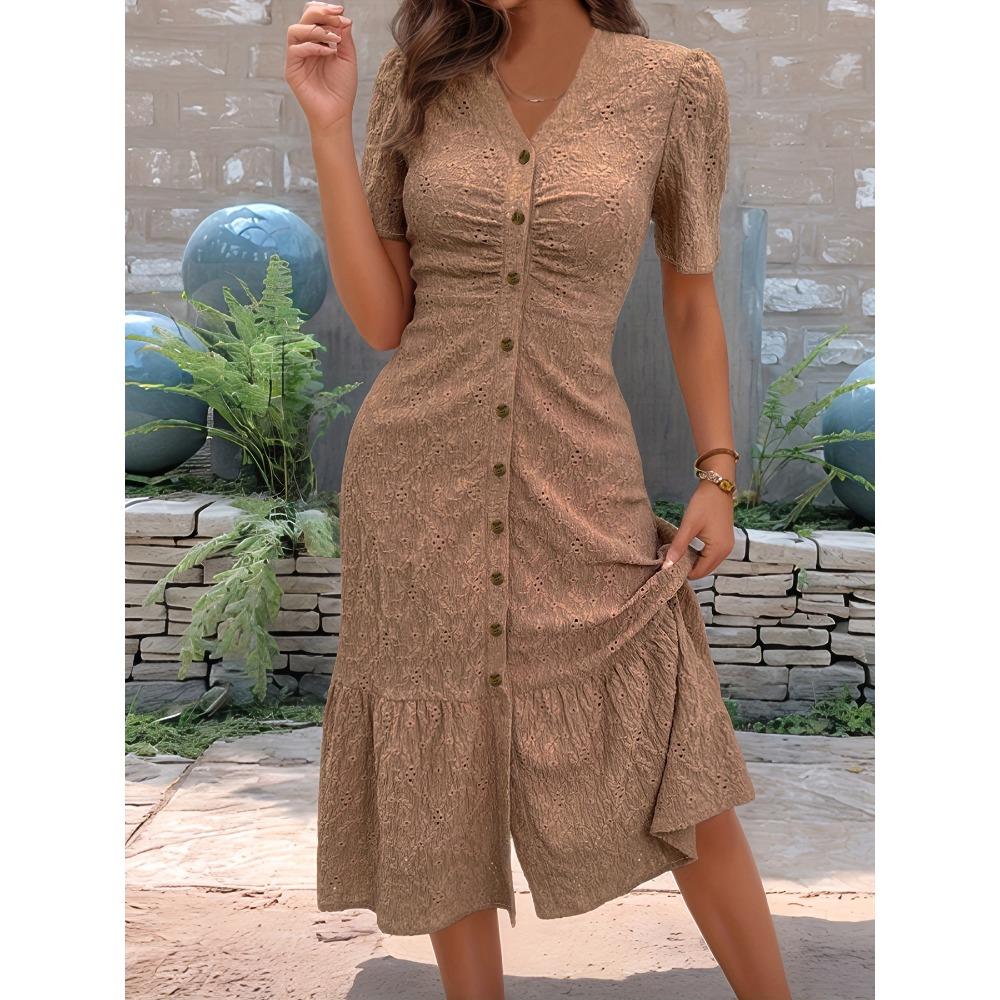 Damen V-Ausschnitt Kurzarm Knopfleiste Midi-Kleid mit Rüschensaum für Sommerliche Freizeitkleidung