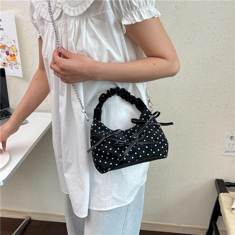Korean-style niche pleated design handbag, fashiable and cute polka dot bow shoulder bag, high-appearance backpack for girls