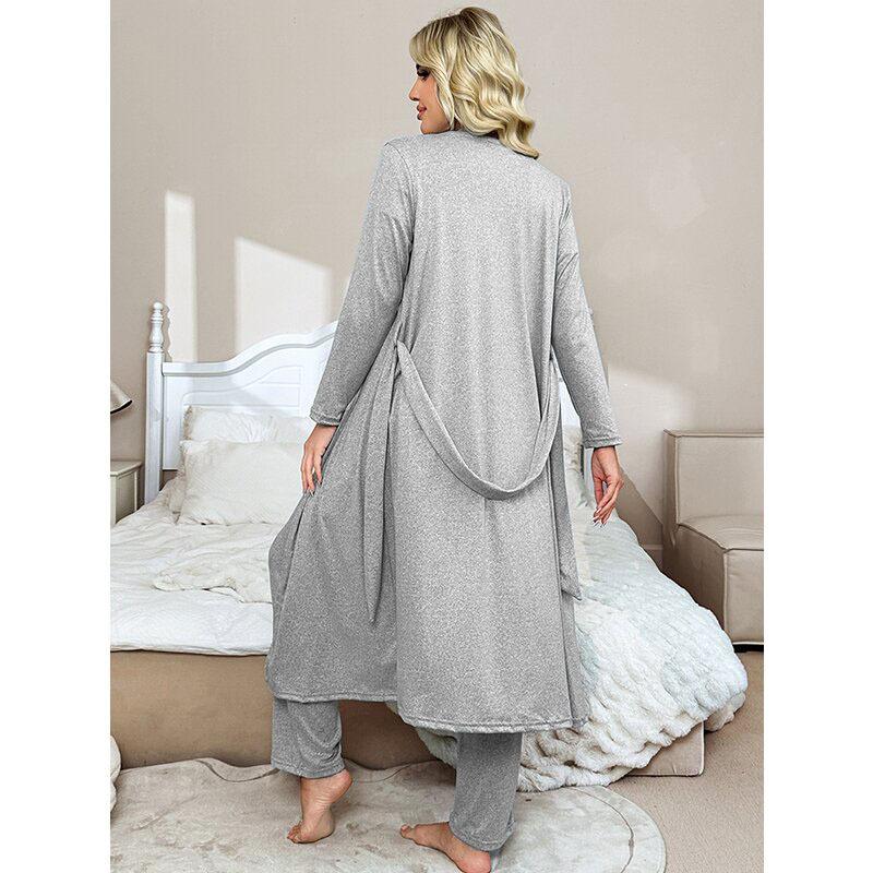Luxury and noble solid color knitted cotton short-sleeved trousers nightgown three-piece set loungewear pajamas women