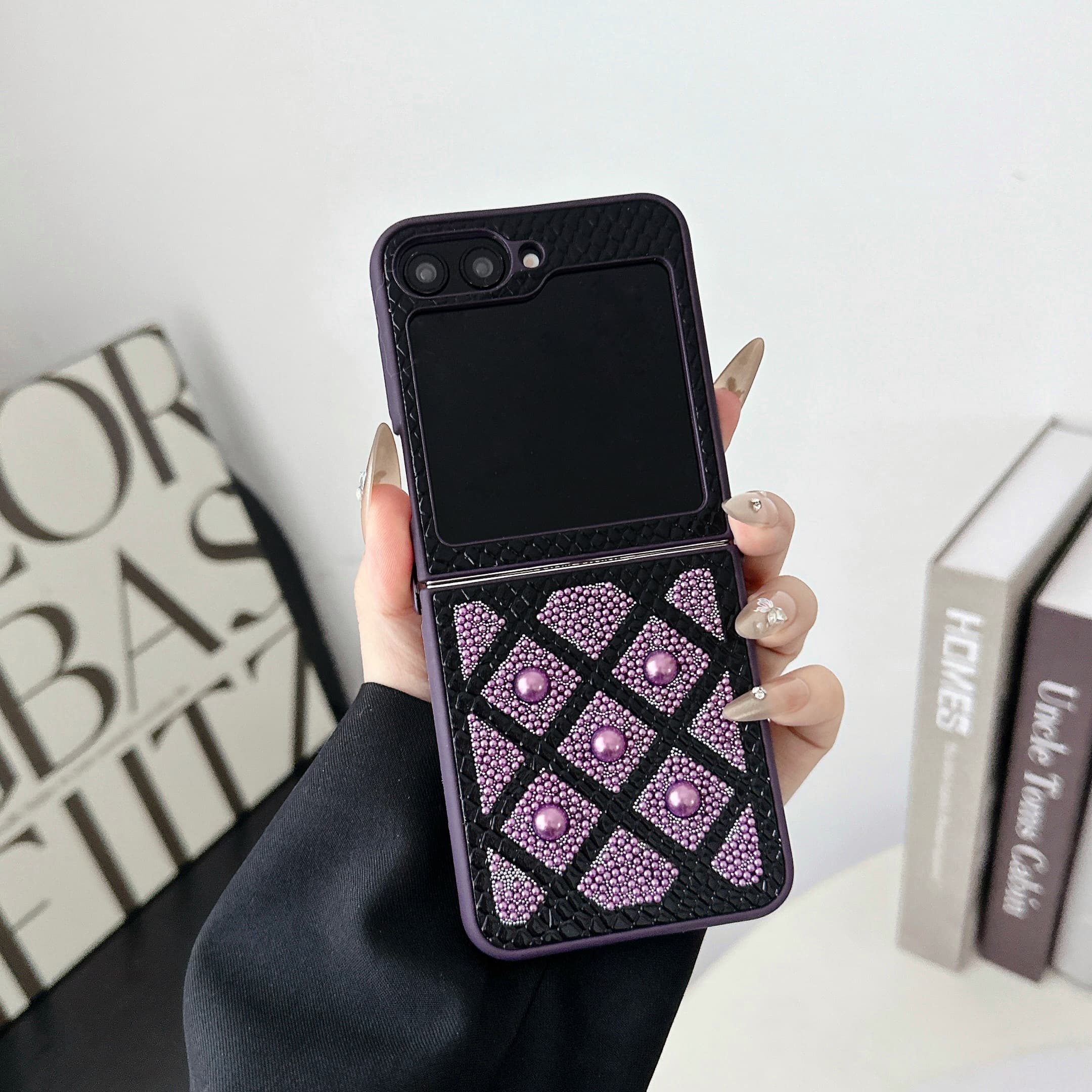 

Ударопрочный блестящий чехол для Samsung Galaxy Z Flip3 Flip4 Flip5 Flip6 с жемчужными каплями и алмазной сеткой, а также защитой от падений военного уровня Galaxy Z Flip6 фиолетовый