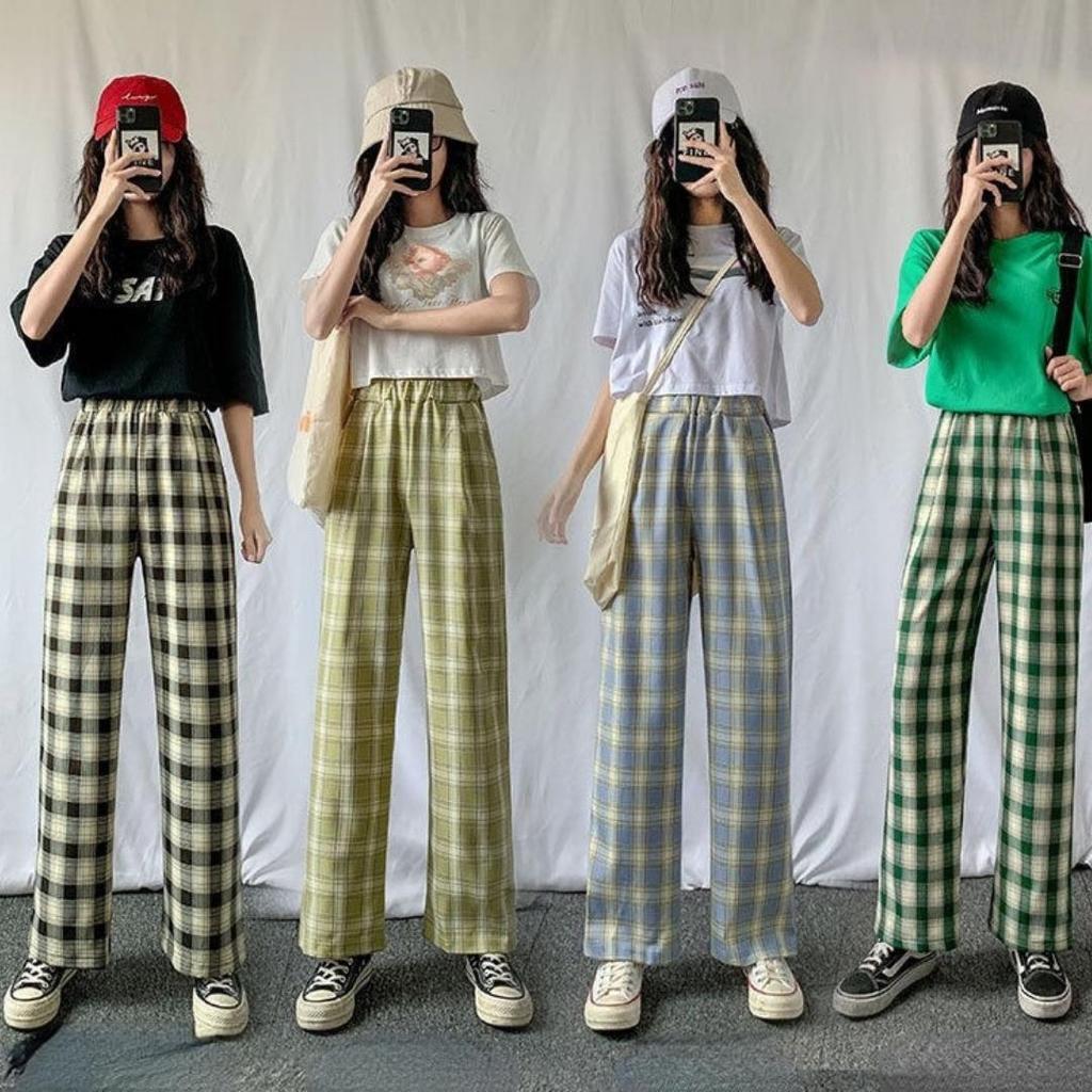 Vintage Plaid Women Pants High Waist Wide Leg Straight Pant Loose Casual Female Trousers Wide Leg Pant Fashion Streetwear