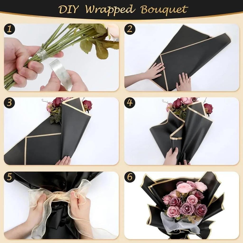 20 Sheets Korean Style Floral Wrapping Paper with Golden Border Semi Transparent Material for Rose Bouquet and Gift Packaging