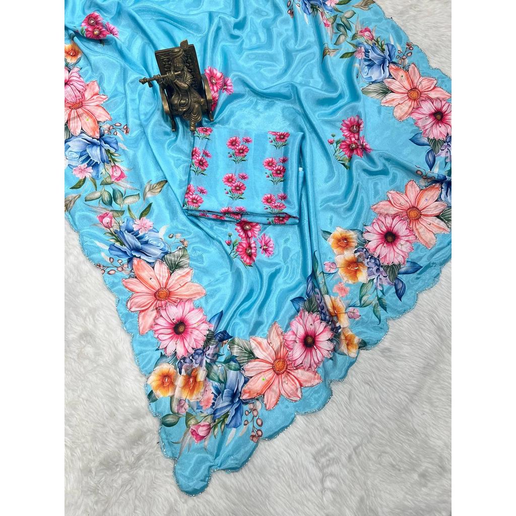 Soft Chinon silk saree floral digital print with beautiful handwork and hand work with cut-work  border