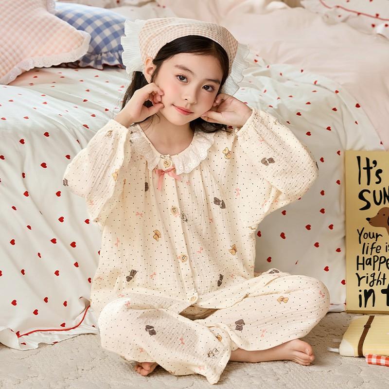 Cotton Gauze Kids Pajama Set Girls Long Sleeve Floral Print Sleepwear Comfortable Home Outfit