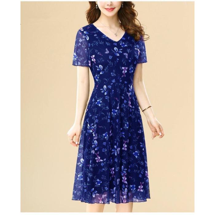

Summer Elegant Korean Style Plus Size Midi Dress with Short Sleeves for Middle-Aged Women 2XL синій