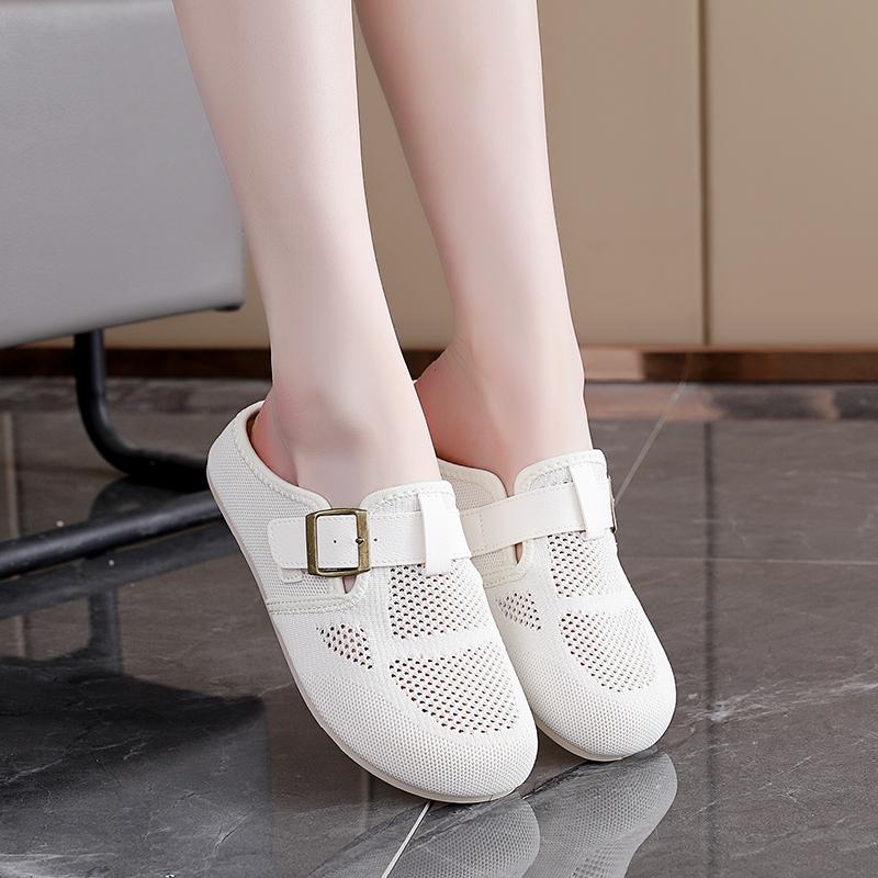 Fashion Round Head Flat Sandals Summer New Bao Head Deep Mouth Mesh Cloth Breathable Metal Buckle Soft Sole Non-slip Slippers