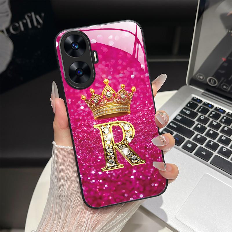 For Realme C55 4G Case Fashion Letters Hard Tempered Glass Back Covers For Realme Narzo N55 NarzoN55 C55 RMX3710 Phone Shell