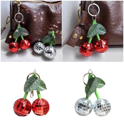 Sparkling Disco Cherry Mirror Pendant Keychain Bag Charm Glossy Retro Accessory For Keys Purse Decoration