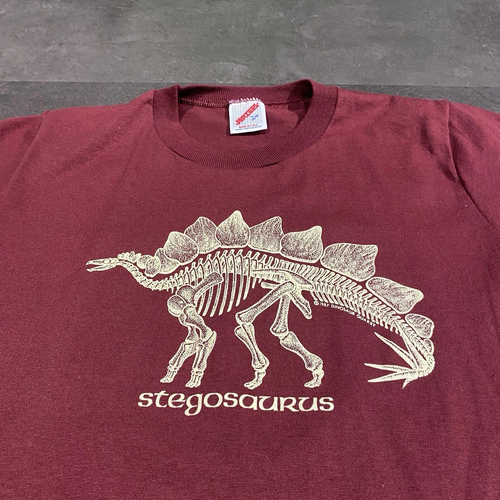 Vintage 80s 90s Stegosaurus Dinosaur Skeleton Fossil Art Museum Kids T Shirt XL