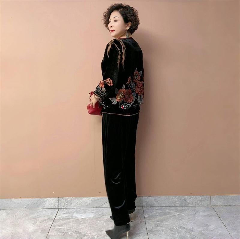 2pcs Vintage Pants Suits High-end Women's Silk Velvet Printed Oversized Blouse High-waist Velvet Pants Two-piece Velvet T-shirt Fall Winter