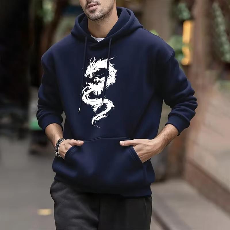 Chinese Dragon Print Mens Hooded Sweatshirt Urban Street Style Hip Hop Fashion Hoodies Male Casual Cool Outerwear Autumn Winter