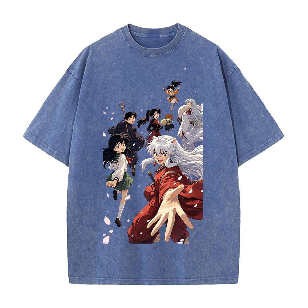 Kagome Miroku Sesshoumaru Print T-shirt Anime Inuyasha Clothing Men Women Cotton Tshirts Retro Washed T Shirt Harajuku Male Tops