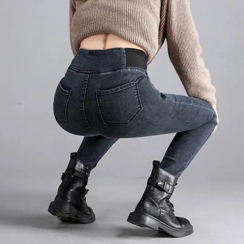 Sexy Slim Denim Jeans For Women Winter Fashion Warm Velvet Thickened Elastic Waist Ladies Pencil Pants Casual Trousers 30261